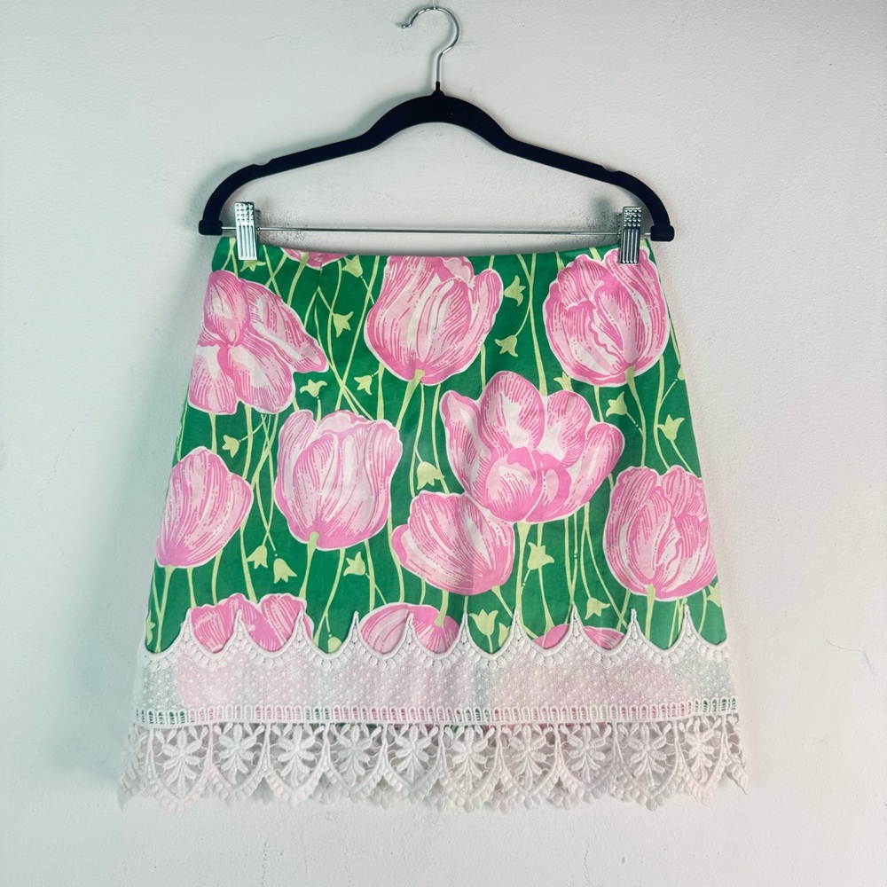 Lilly Pulitzer Mini Skirt Towering Pink Tulips Floral Stretch Crochet Lace Sz 6